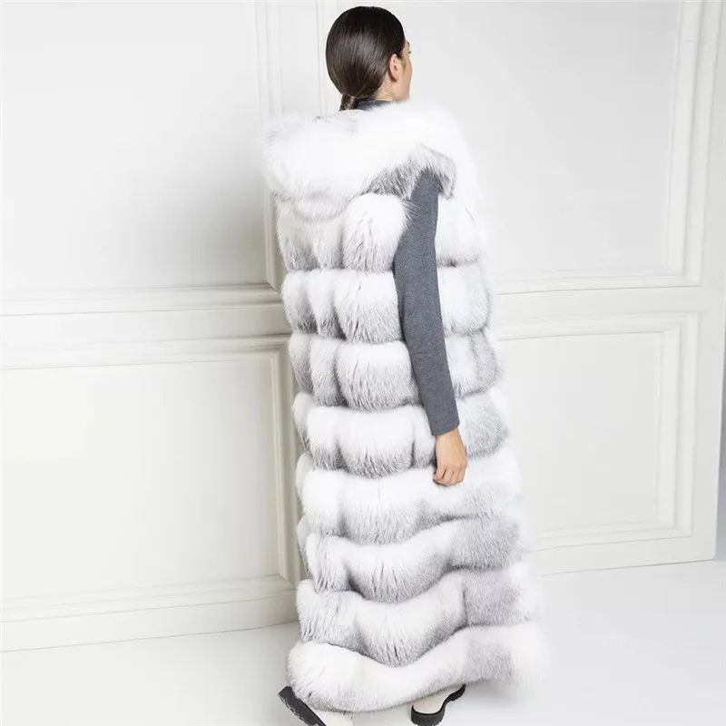 130cm Long Real Cross Fox Fur Vest With Hood Thick Warm Winter Overcoats Luxury High Quality Natural Whole Skin Fox Fur Vests
