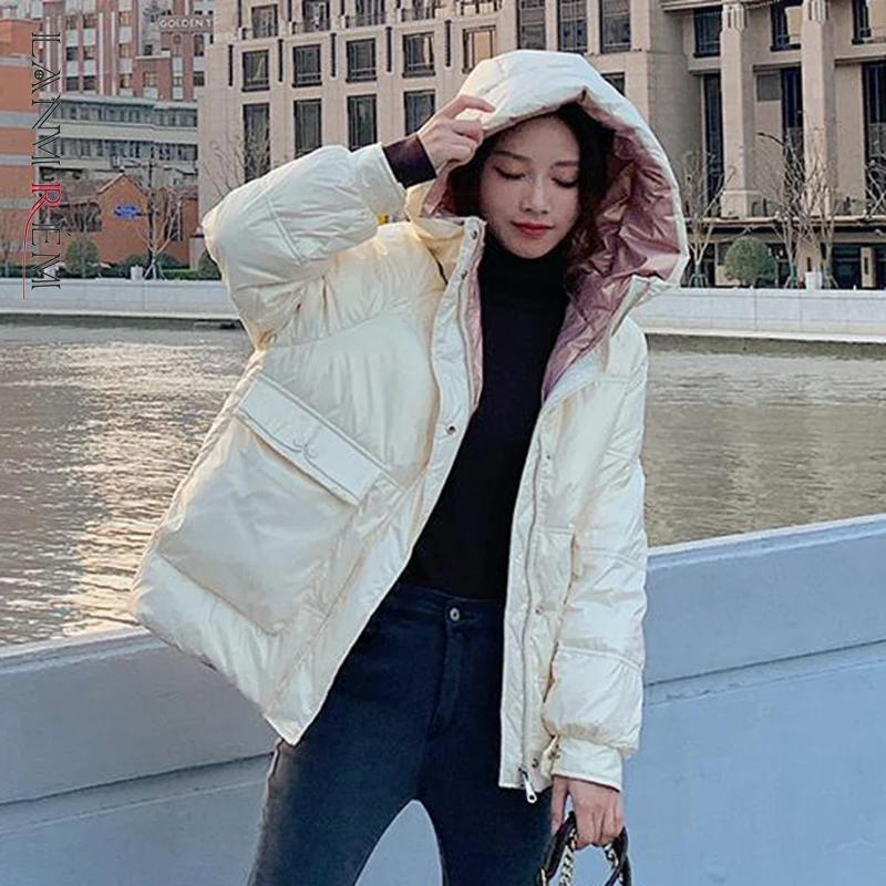 

LANMREM 2021 зимнее Новое хлопковое пальто контрастных цветов с капюшоном и ярким лицом, женская верхняя одежда с длинными рукавами и карманами, ...