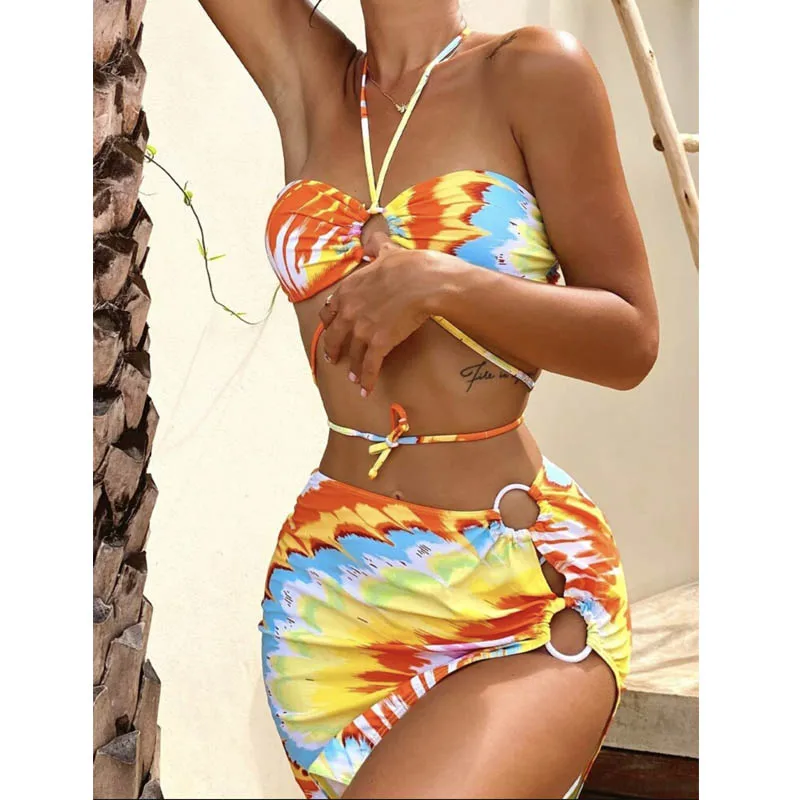 2021 Y2K Sexy Yellow Print 3 Pieces Swimsuit Bikini Women Swimwear Female Backless Brazilian Set Bathing Suit | Спорт и развлечения