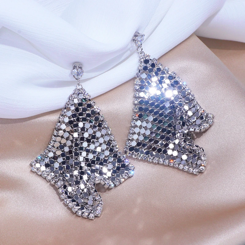 Модные крупные металлические сетчатые серьги с блестками для женщин блестящие