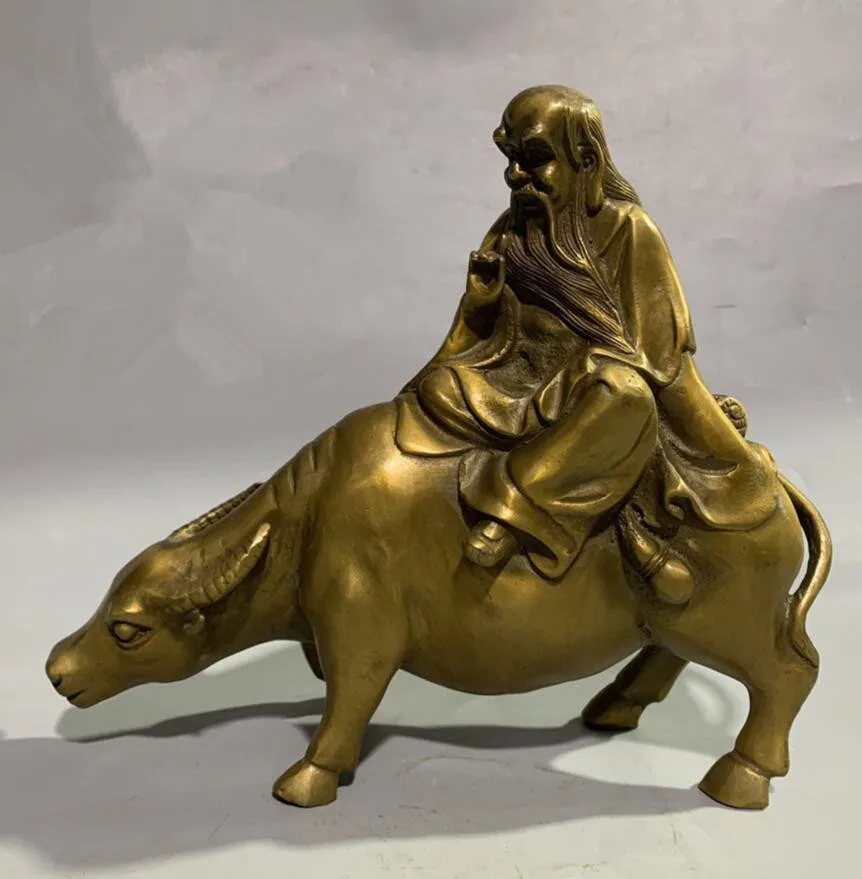 

China brass Taoist founder Lao tze Riding cow crafts statue