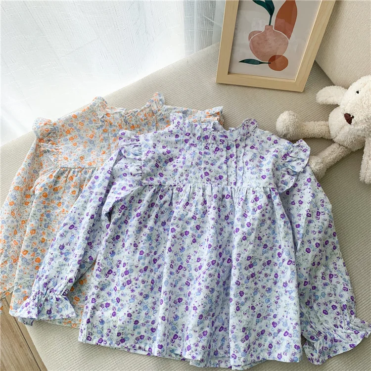 

Модная блузка для девочек свободного кроя, детская одежда с цветочным принтом и рюшами на воротнике, весенние рубашки для девочек, детские т...