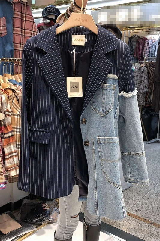 

Spring Striped Suit Collar Irregular Stitching Spliced Worn Denim Jacket Fashion Tailored Suit Top for Women Streetwear