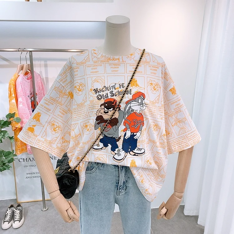 Streetwear 100% Cotton Tee Women Summer 2020 BF Style Loose Casual T Shirt Female Cool Graphic Cartoon T-Shirt Lady Oversize | Женская