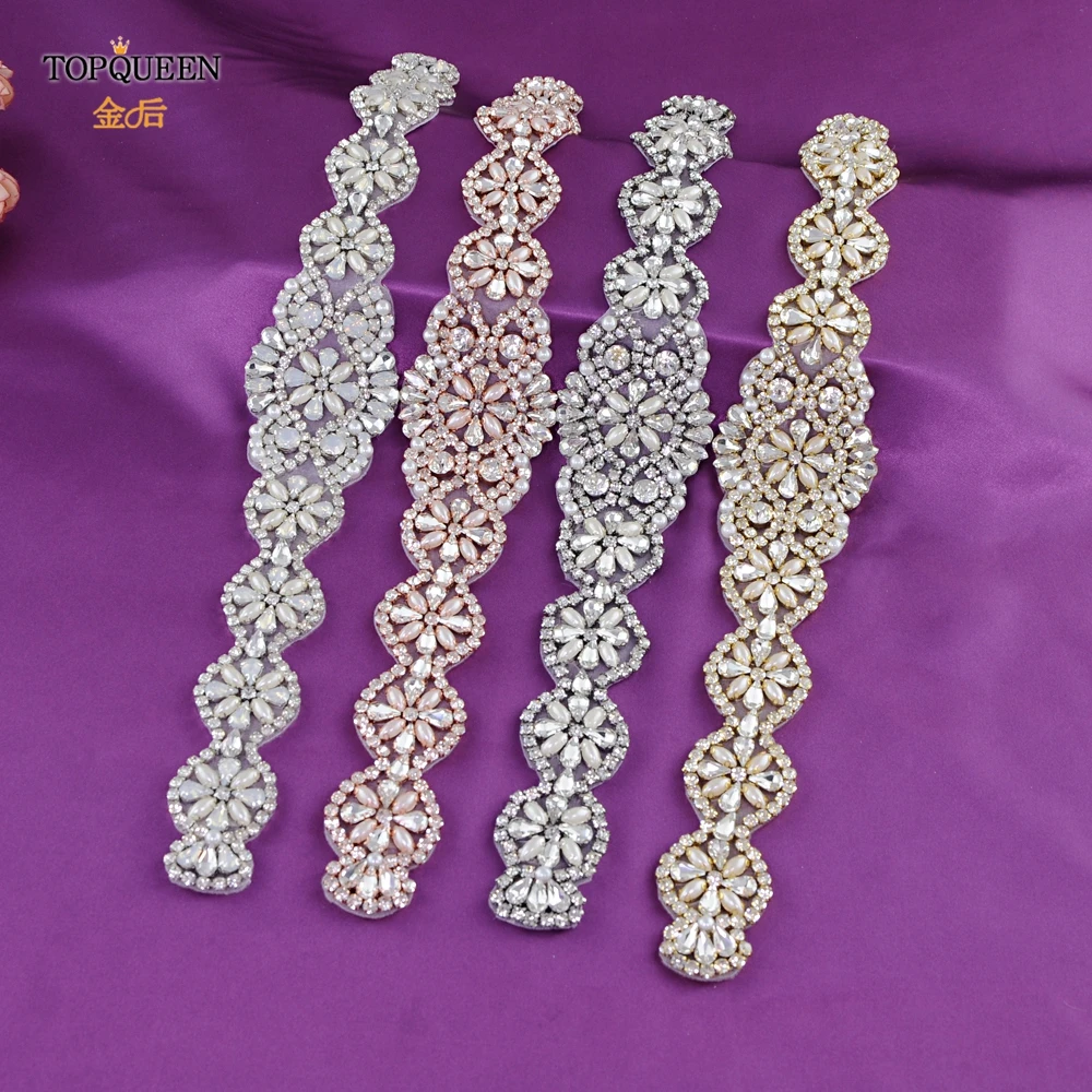 

TOPQUEEN S161 Handmade Silver/Gold /Rose Gold Bridal Crystal Trim Rhinestone Applique for Wedding Dress Belts Clothes Patches