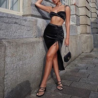 ueteey satin hot sexy two piece top and skirt set women outfits mathing sets drawstring ruched split high waist skirts