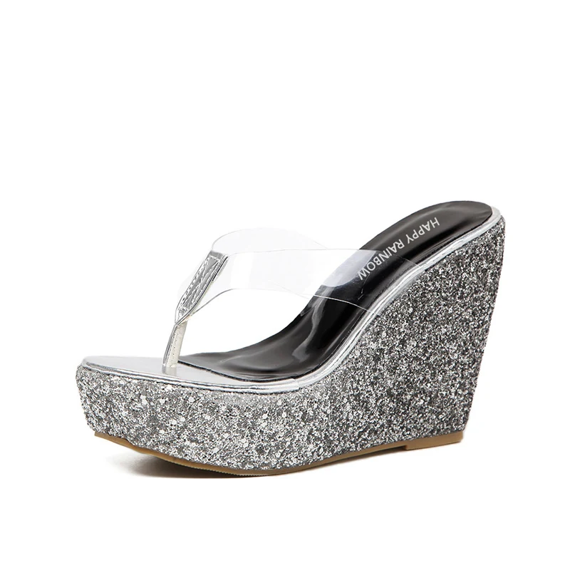 2019 Для женщин хрустальные Блестки сандалии на танкетке фиолетовый тапочки