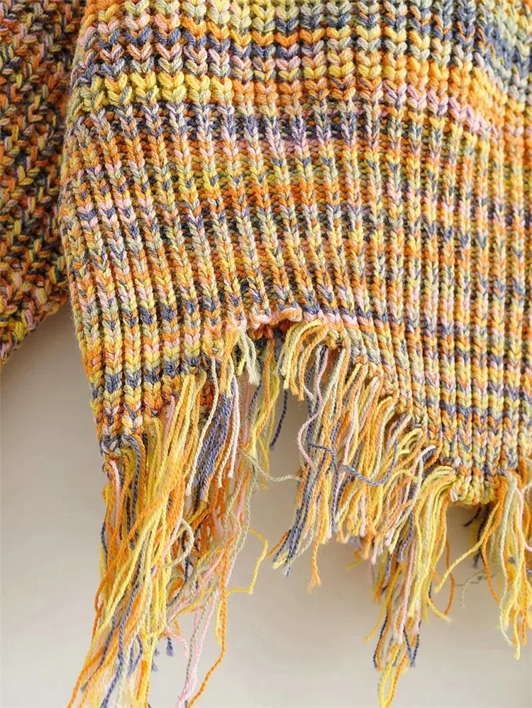 

Fashionable Woman Sweaters Casual Simple Color Striped Tops Autumn Winter New Tassel Design Knitwear Tie Dye Sweater Women