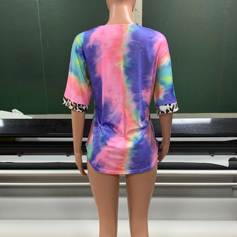 

Summer New V-Neck Pocket T-shirt Women Tie-dye Leopard Print Patchwork Short Sleeve Top Tee Tshirt Plus Size 2XL Women Clothing