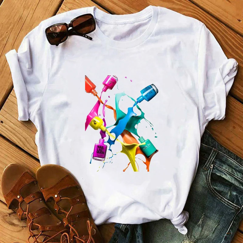 

Summer Streetwear Vogue Women T Shirts Fashion Nail Polish Printed Tshirt Harajuku Kawaii White Female T-shirt Femme Tee