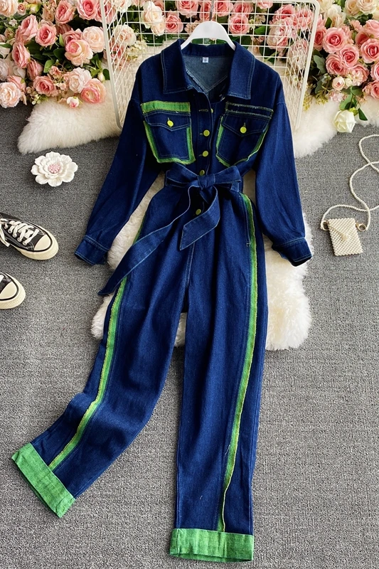 

2021 Spring New Korean Style Denim Pants Jumpsuit Retro Fashion Slim Fit High Waist Jeans Jumpsuit for Women