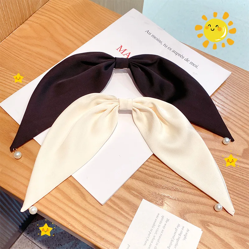 

Korean Satin Bow Pearl Pendant Hairpin For Women Girls Sweet Back Hair Decorate Barrette Hair Clip Hairgrip Hair Accessories