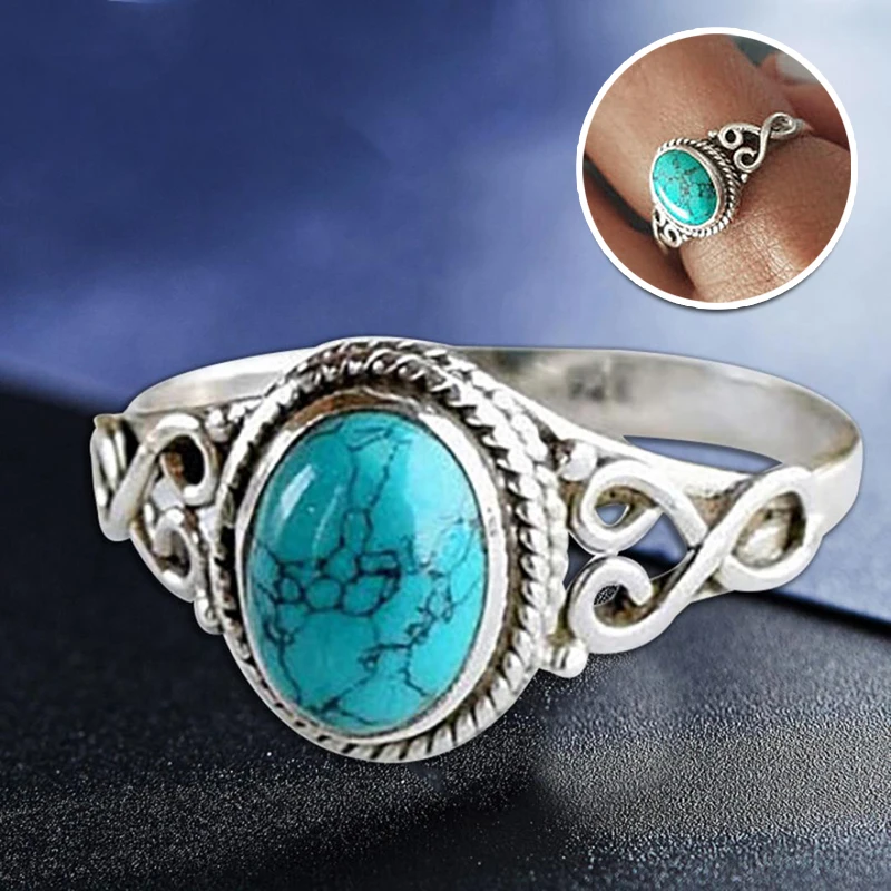 

Vintage Tibet Boho Color Metal Opal Green Stone Rings For Women Party Turquoise ring Antique Big Oval Carved Flower opalo Jewel