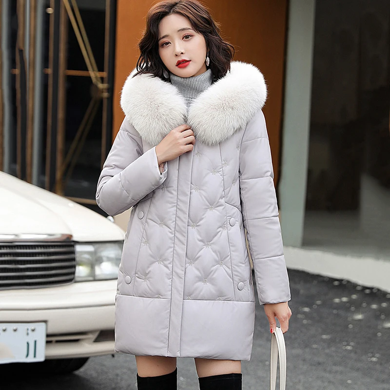 New Women Medium Sheepskin Down Coat Autumn Winter Fashion Fox Fur Collar Embroidery Thick Warm Slim Sheep Leather Down Jacket