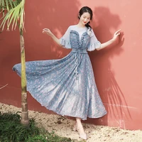 tiyihailey free shipping 2022 fashion women chiffon long maxi ruffles flare sleeve print summer boshow bohemian blue dress s l
