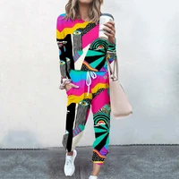womens pants sets abstract painting pattern suit autumn and winter clothing 3d printing long sleeved top casual trousers