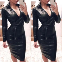 2021 new women sexy v neck solid black dress mini dress pu leather long sleeve bodycon shirt dresses for spring autumn