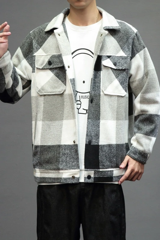 

Mens Winter Woollen Coat Plaid Jackets Fashion Outerwear Warm Casual Jacket Stereoscopic Patch pocket Coat