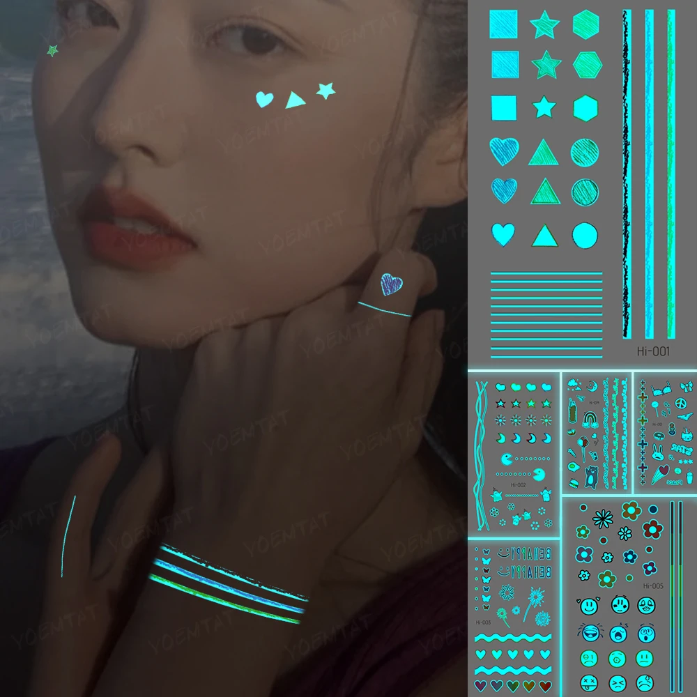 

Luminous Stickers Neck Tattoo Temporary Glitter Tattoo Kids Linear Geometric Triangle Heart Shaped Round Simple Tato Blue Glow