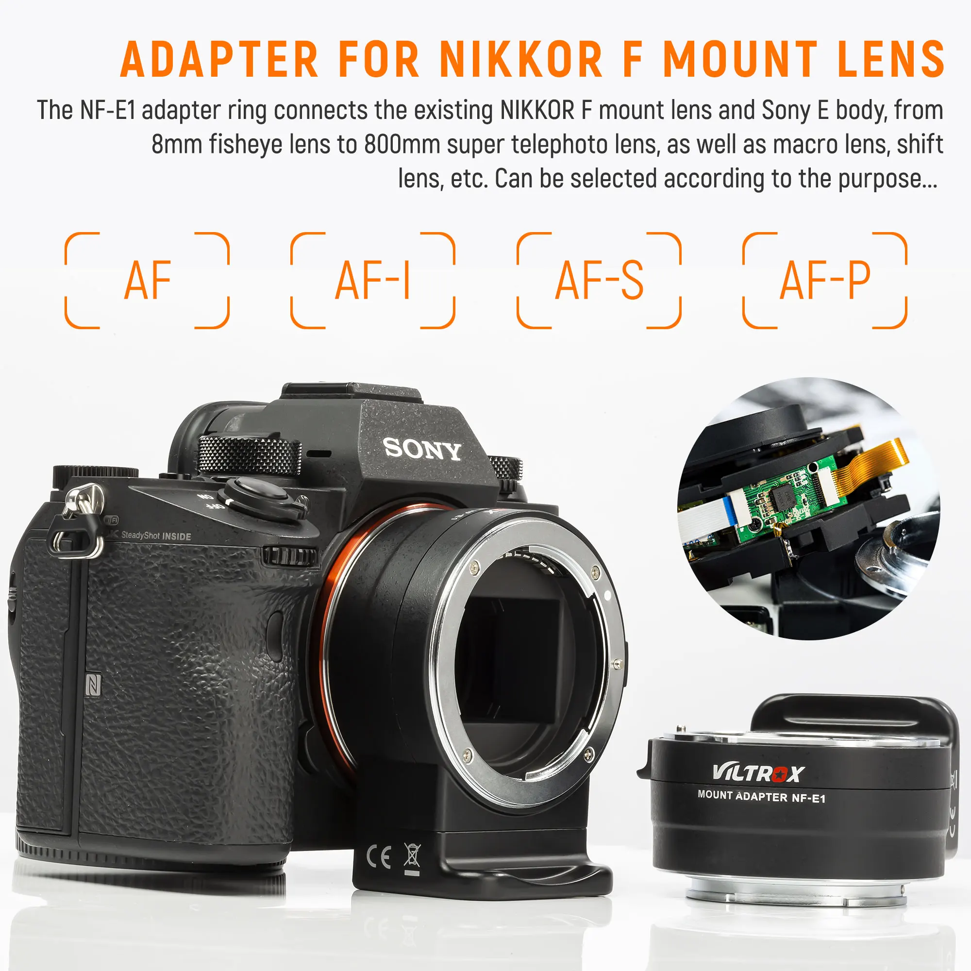 

VILTROX NF-E1 Auto Focus Lens Adapter Aperture Control for Nikon F Lens to Sony E mount A9 A7II A7RIII A7SII A6500 A6300 Camera