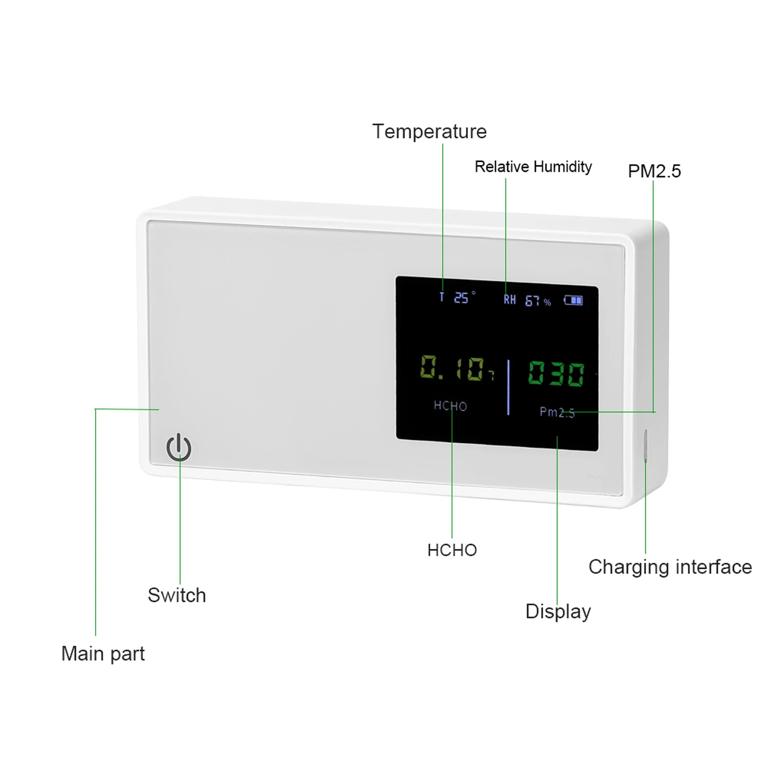 

Household Air Quality Detector Multi-functional PM2.5 HCHO Tester with Electricity Quantity Temperature Humidity Display