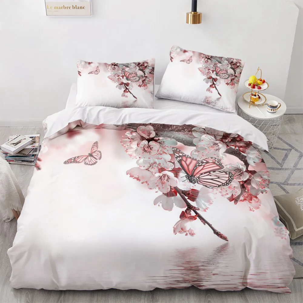 

3D White Bedding Set Custom Design Butterfly Duvet Cover Sets Flower Bed Linen Pillow Sham Full King Queen Super King Twin Size