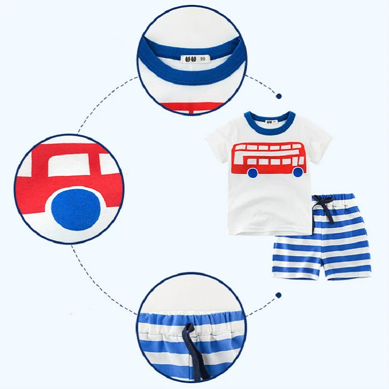 Kids Set Summer Leisure Two-piece Suit Sailboat Car Aircraft Boy Cartoon Pullover Short Sleeve Stripe Pants Children Sportswear | Детская