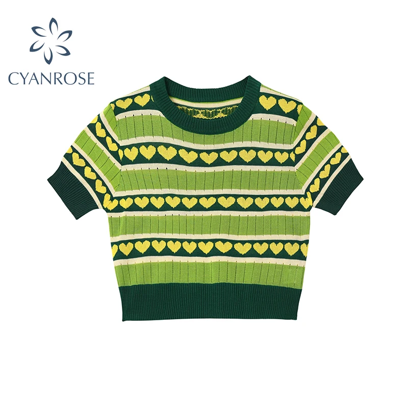 Vintage Women Crop Tops Green Knitted Summer O Neck Short Sleeve Love Pattern Casual Female Slim Knit Top Cropped Tees | Женская одежда