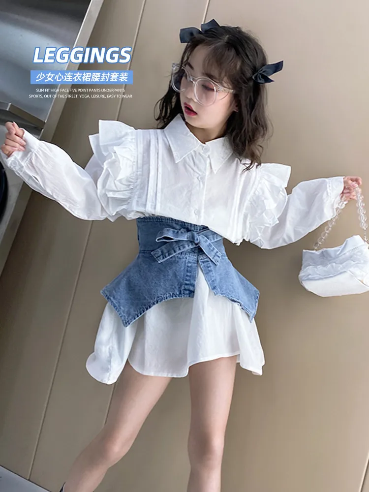 

Girl Denim Patchwork Dress 2022 Autumn New Long Sleeve Fashion Ruffles Dress Childrren Cotton Shirts Kids Clothes