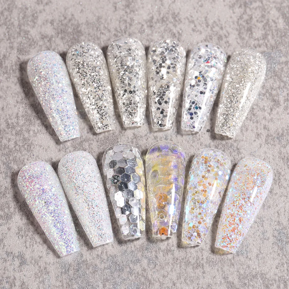 

12 Bottles Silver White Nail Powder Sequins Pearlescent Gradient Glitter Silver Sequins Mixed Flakes for DIY Nail Decoration