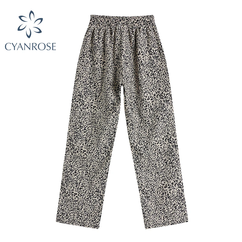 

Leopard Wide Leg Pants Women 2021 Streetwear High Waist Elastic Retro Harajuku Fashion Trousers Casual E-Girl Y2K Straight Pants