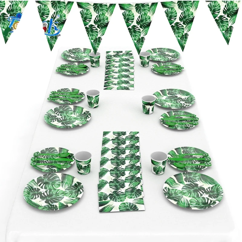 Одноразовая посуда с зелеными Monstera Leaf гавайская тропическая для вечеринки