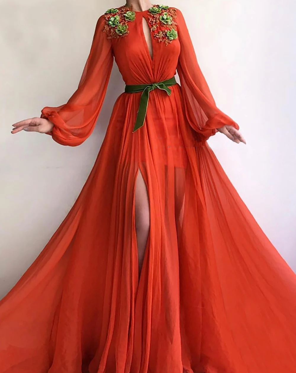 

O-Neck Muslim Evening Dresses Flowers Lace High Slit Chiffon Islamic Dubai Kaftan Saudi Arabic Long Sleeve Prom Dress