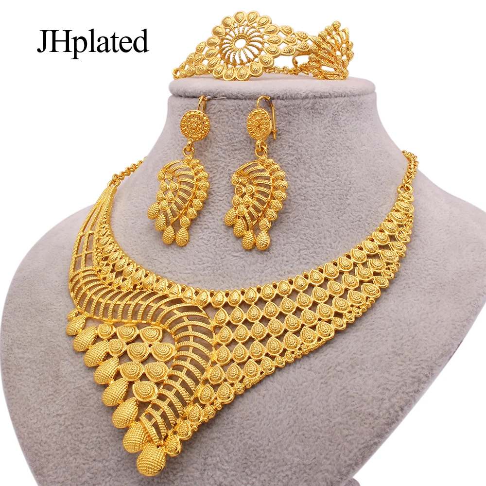 

African luxury gold plated filled bridal Jewelry sets necklace earrings bracelet ring gifts wedding jewellery set for women