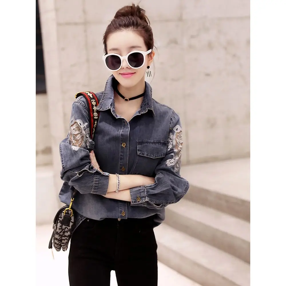 

Denim Stitching Lace Shirt Coat 2020 Spring New Korean Style Thin Mid-Length Vintage Shirt