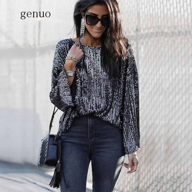 

Women Sequins Tops And Blouses Autumn Winter Long Sleeve O-neck Streetwear Blouse Shirt Solid Black Bright Shiny Party Shirt