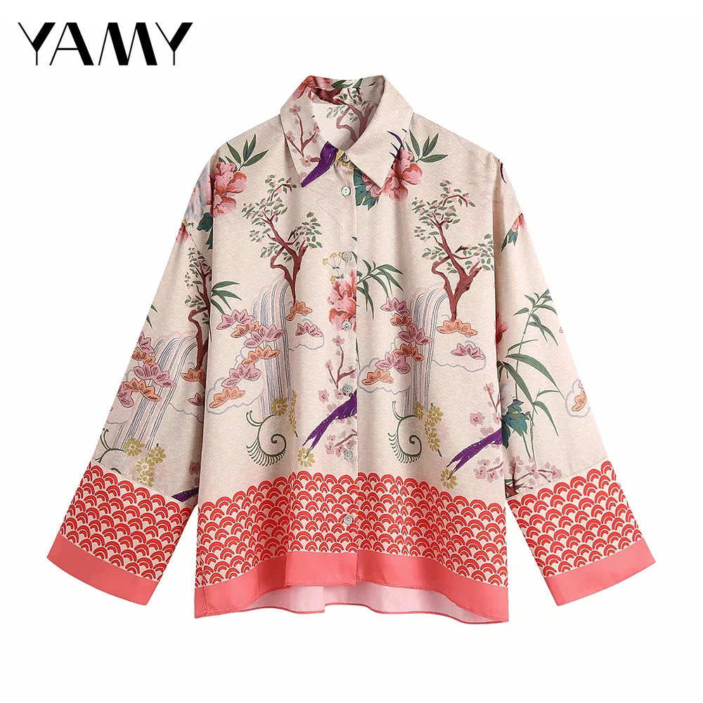 

YAMYi Bohemian Style Floral Print Womens Shirt Long Sleeve Casual Beach Top Blouses Zora Traf Fashion Boho Shirt Woman Sexy Tops