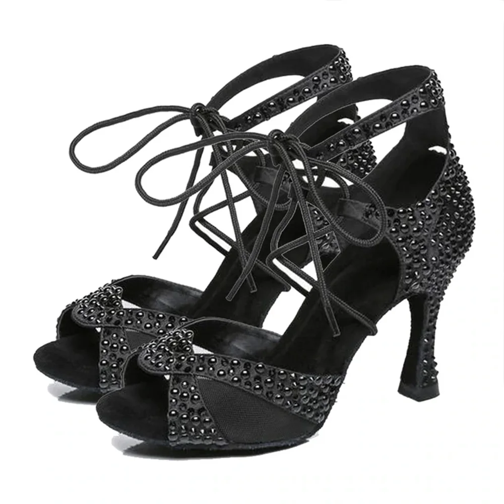 Women Latin Dance Shoes Ballroom Black Dancing Shoes Wedding Party Sandals Sexy Rhinestone Salsa Dance shoes for high heels
