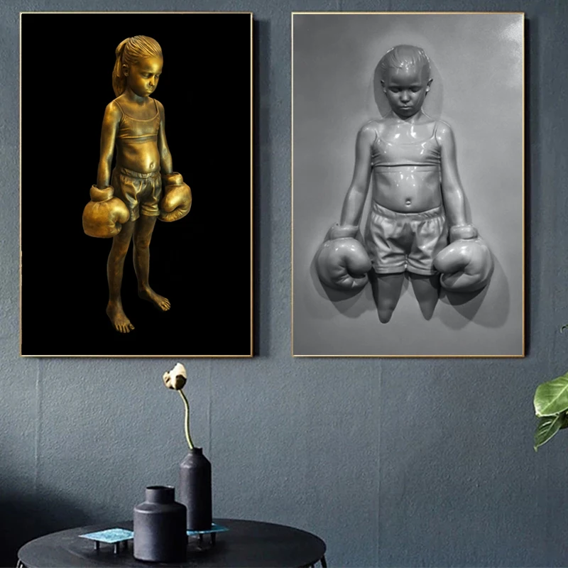 

Металлическая Статуя боксерского мальчика, холст, живопись, настенный плакат, принты, скульптура, настенные картины для гостиной, домашний ...