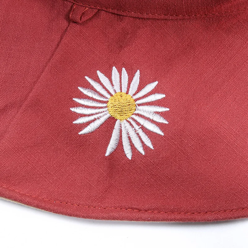 

Daisy Anti-UV Double-Sided Bucket Hats For Women Girls Cotton Embroidery Wide Brim Summer Panama Caps Fishing Sun Fisherman Hat