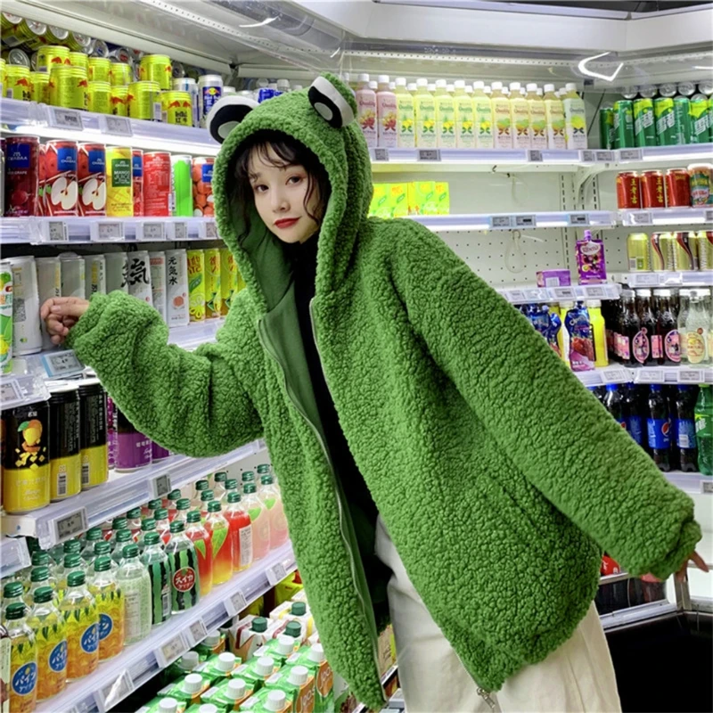 

Women Cute Frog Eyes Zip Up Hoodie Jacket Fuzzy Plush Warm Oversized Loose Coat D08E