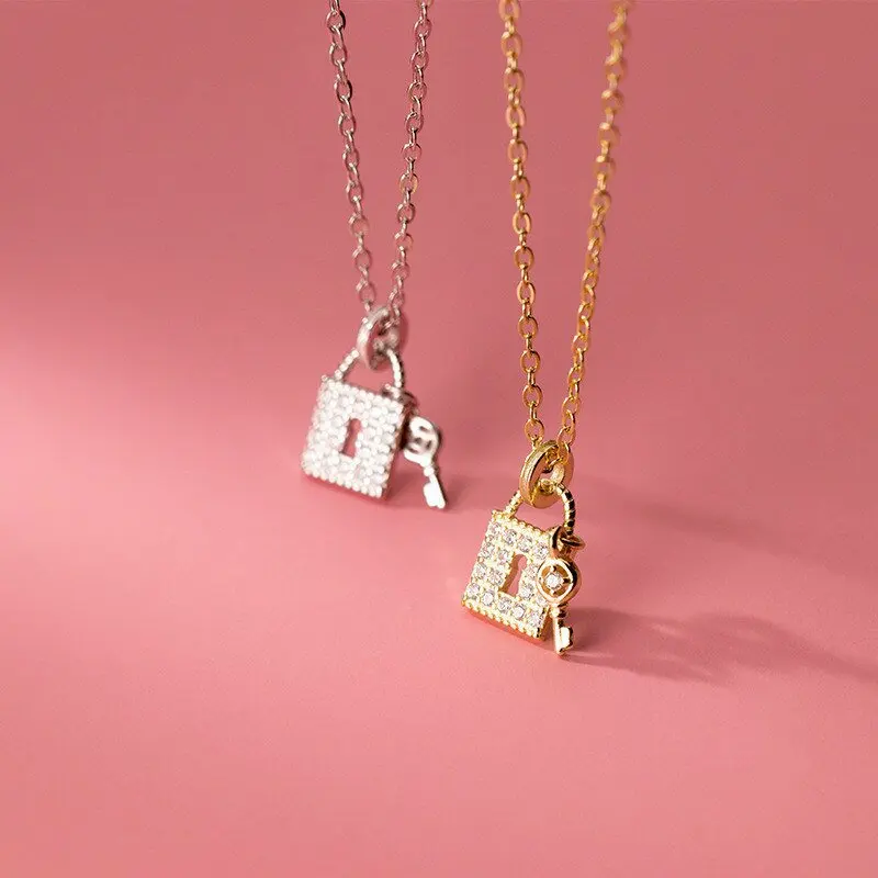 

A00951 925 Luxury Zircon Key Small Lock Pendant Chain Necklace for Women Genuine 925 Sterling Silver Punk Birthday Jewelry