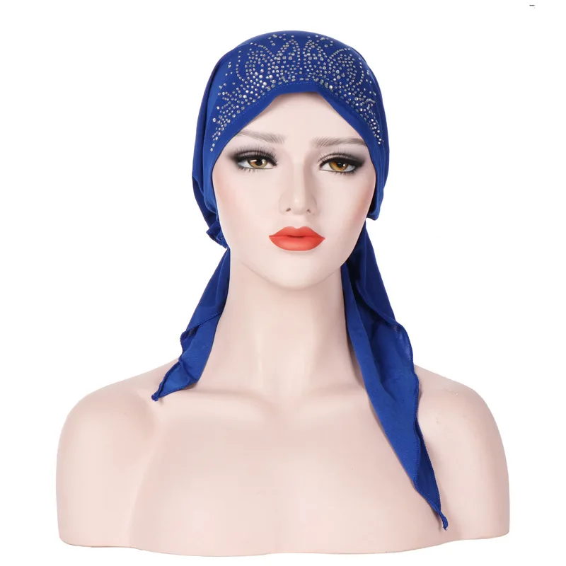 

2020 Fashion Muslim Headscarf Hat Thin Summer Inner Hijab Caps Solid Color Diamond Turban For Women Bonnet India Headwrap Hats