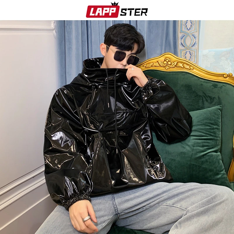 Мужская кожаная куртка с капюшоном ветровка в стиле хип хоп черная уличная