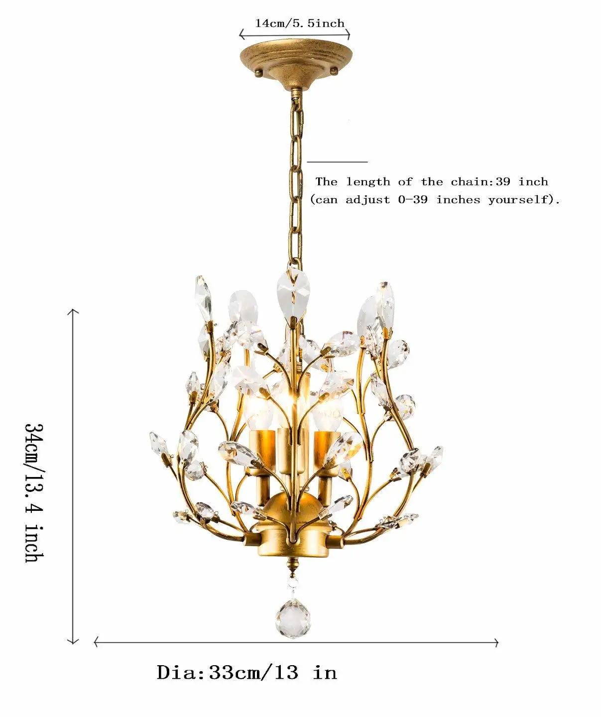 Роскошная Золотая люстра с 3 головками из железа и хрусталя для виллы ресторана