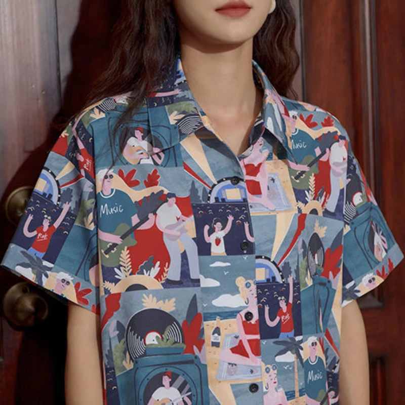 

Vintage Graphic Short Sleeve Button Up Shirt Blouse for Women Ladies Korean Style Clothes Streetwear Cardigan Y2k Clothing 2021