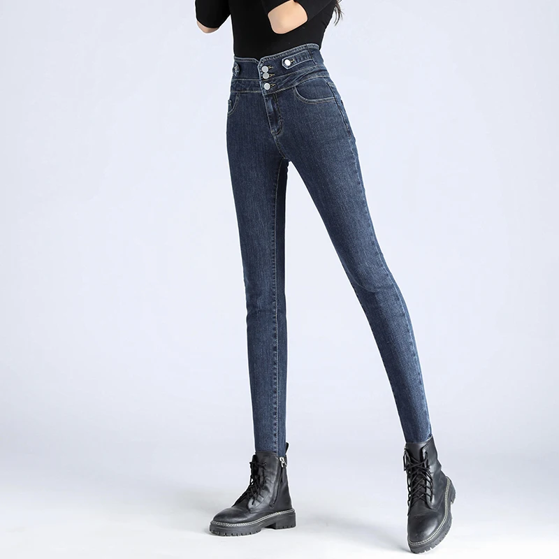 

Jeans women Youth high waist Korean style slim-fit stretch trousers thick fleece pencil pants skinny pants