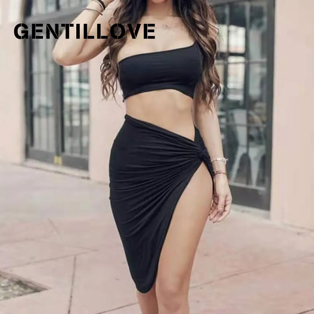 

Gentillove 2021 Women Pleated Party Club Tank Top and Mini Skirts Summer Sexy Solid One-Shoulder Irregular Two-Piece Set