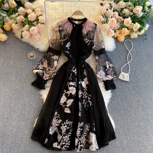High Quality2021 New Europe and America Heavy Industry Embroidery Flower Ostrich Hair Round Neck Tie Elegant Dress Dress Female High Quality2021 New Europe and America Heavy Industry Embroidery Flower Ostrich Hair Round Neck Tie Elegant Dress Dress Female