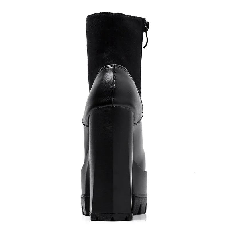 Женские кожаные ботинки на молнии черные осенние платформе и каблуке со
